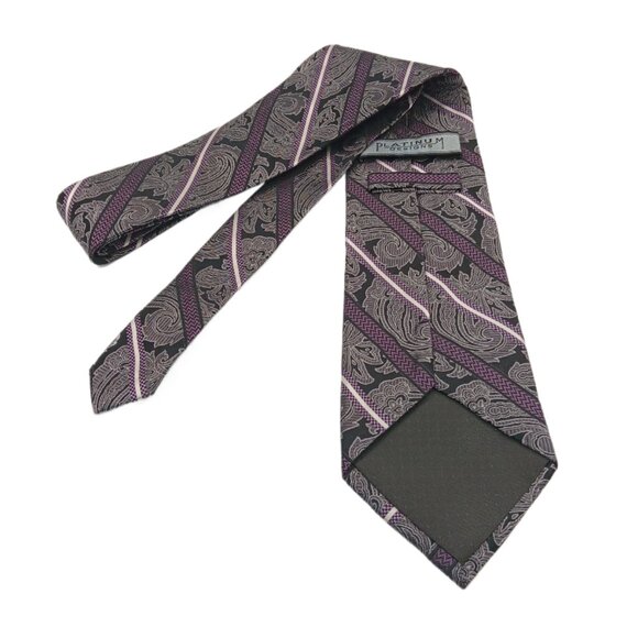 Platinum Designs Silk Tie Mens XL 66” Gray Black Paisley Chevron Stripe Wide New - Picture 3 of 3